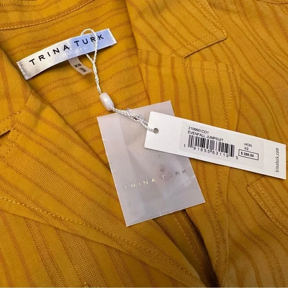 Trina Turk Evenfall Jumpsuit Honey Mustard Yellow Short Sleeve Cropped Size XS - Picture 10 of 11